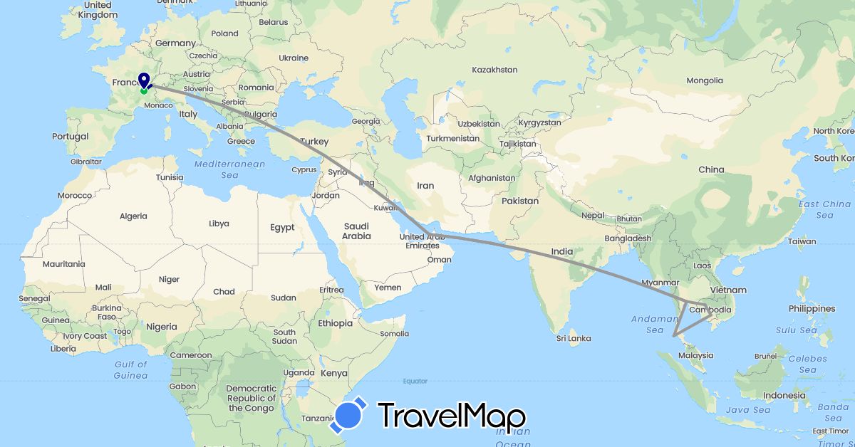 TravelMap itinerary: driving, bus, plane in United Arab Emirates, Switzerland, France, Cambodia, Thailand (Asia, Europe)